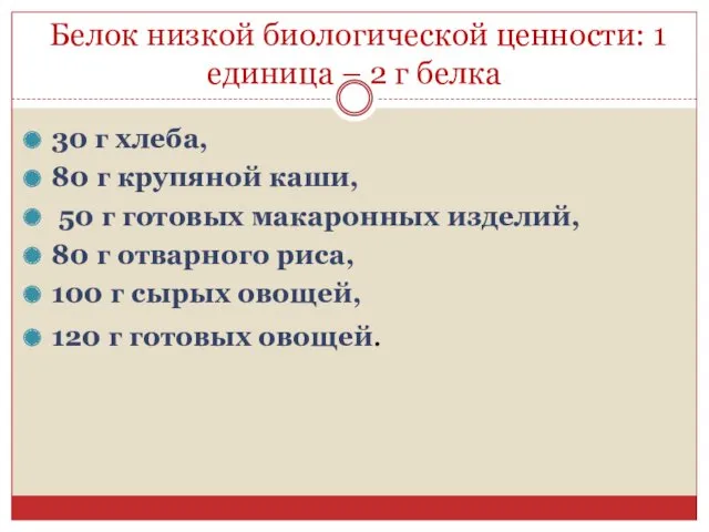 Белок низкой биологической ценности: 1 единица – 2 г белка