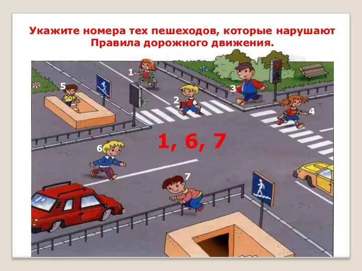 Укажите номера тех пешеходов, которые нарушают Правила дорожного движения. 1 2 3 4