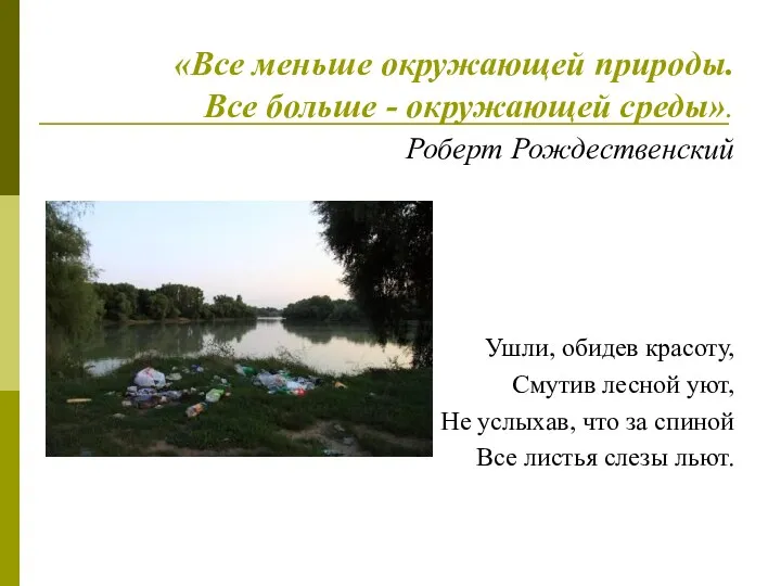 «Все меньше окружающей природы. Все больше - окружающей среды». Роберт