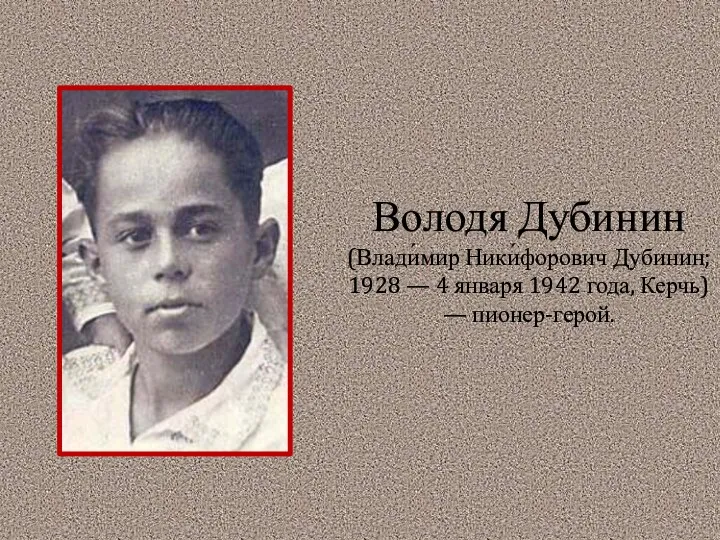 Володя Дубинин (Влади́мир Ники́форович Дубинин; 1928 — 4 января 1942 года, Керчь) — пионер-герой.