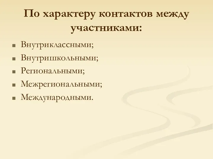 По характеру контактов между участниками: Внутриклассными; Внутришкольными; Региональными; Межрегиональными; Международными.