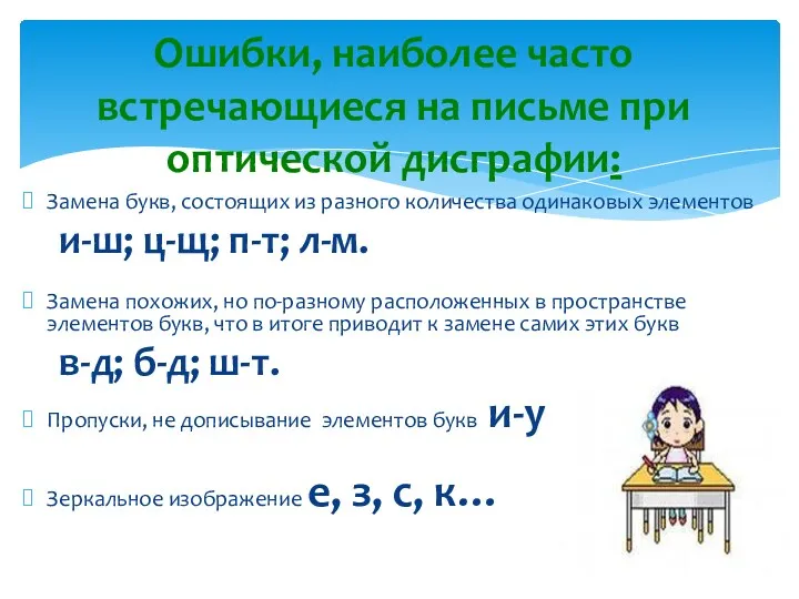 Ошибки, наиболее часто встречающиеся на письме при оптической дисграфии: Замена букв, состоящих из