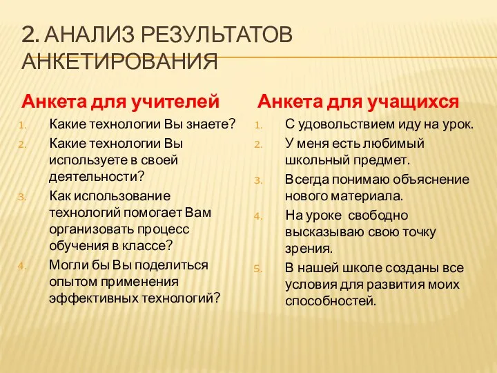 2. Анализ результатов анкетирования Анкета для учителей Какие технологии Вы