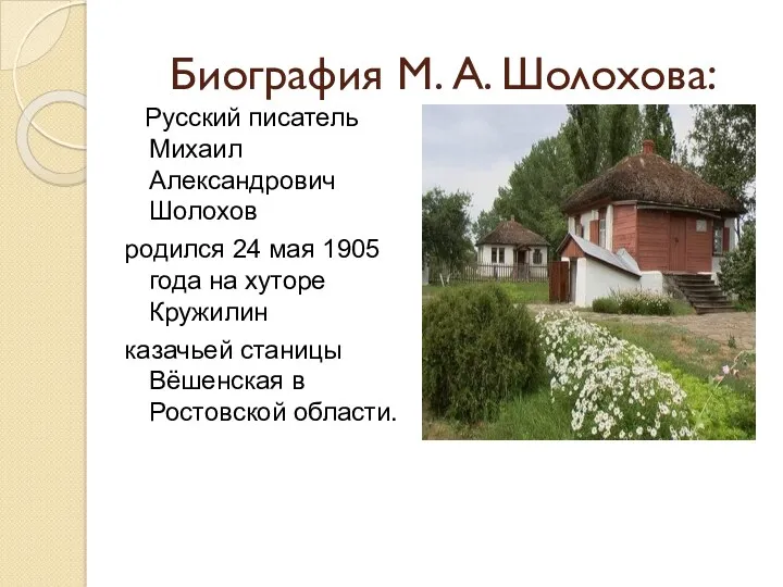 Биография М. А. Шолохова: Русский писатель Михаил Александрович Шолохов родился