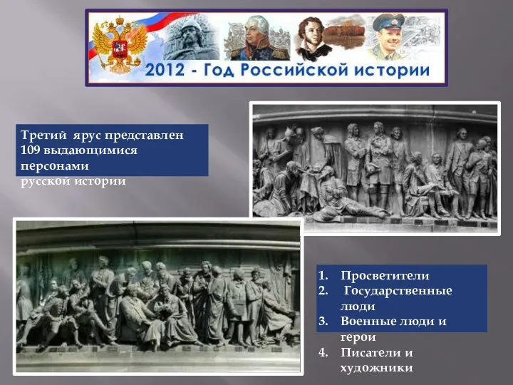 Третий ярус представлен 109 выдающимися персонами русской истории Просветители Государственные