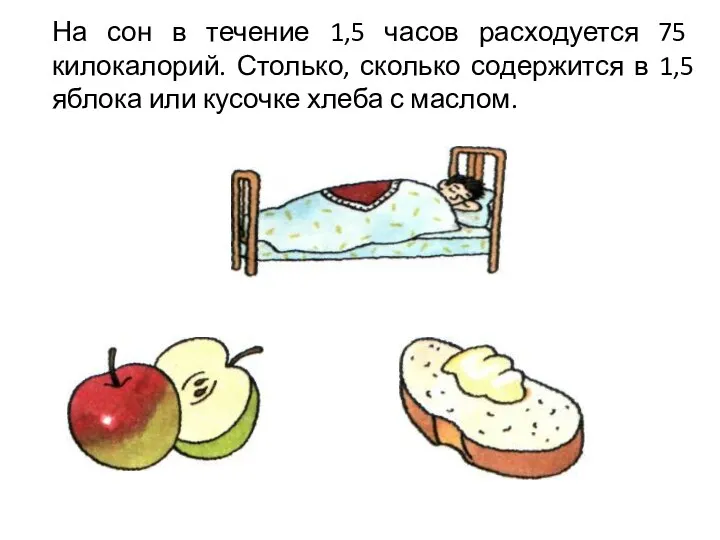 На сон в течение 1,5 часов расходуется 75 килокалорий. Столько, сколько содержится в