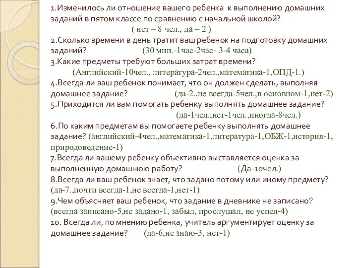 1.Изменилось ли отношение вашего ребенка к выполнению домашних заданий в