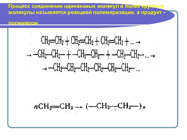 Процесс соединения одинаковых молекул в более крупные молекулы называется реакцией полимеризации, а продукт – полимером.