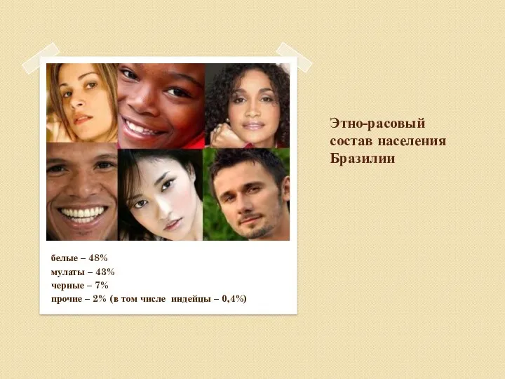 Этно-расовый состав населения Бразилии белые – 48% мулаты – 43%