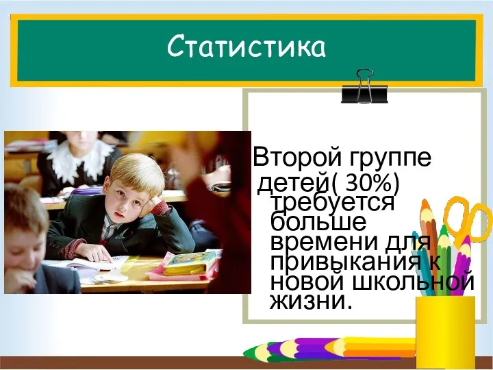 Статистика Второй группе детей( 30%) требуется больше времени для привыкания к новой школьной жизни.