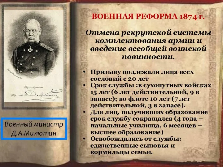 Военный министр Д.А.Милютин ВОЕННАЯ РЕФОРМА 1874 г. Отмена рекрутской системы