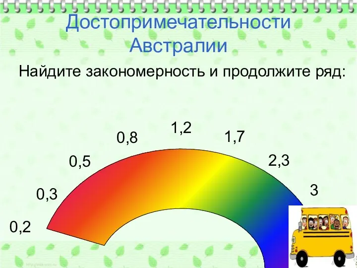Достопримечательности Австралии Найдите закономерность и продолжите ряд: 0,3 2,3 0,2 0,5 0,8 1,2 1,7 3 3,8
