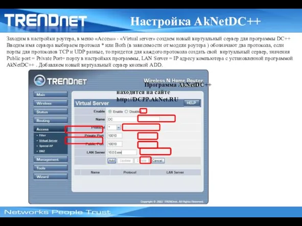 Настройка AkNetDC++ Заходим в настройки роутера, в меню «Access» -