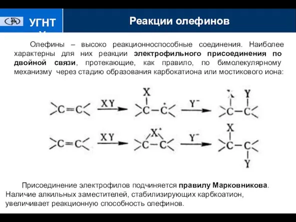УГНТУ Олефины – высоко реакционноспособные соединения. Наиболее характерны для них