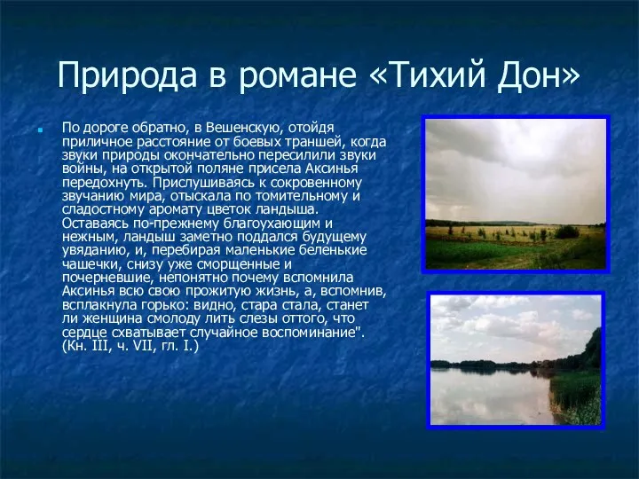 Природа в романе «Тихий Дон» По дороге обратно, в Вешенскую, отойдя приличное расстояние