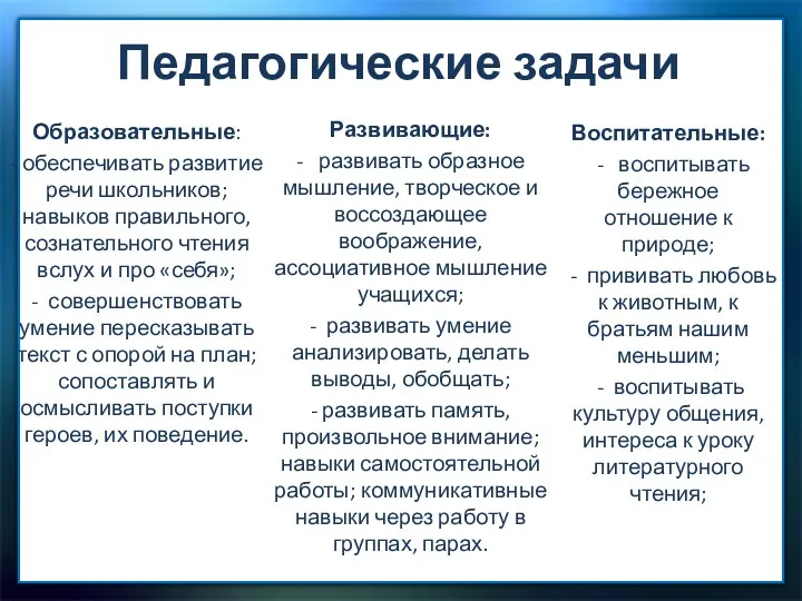 Образовательные: - обеспечивать развитие речи школьников; навыков правильного, сознательного чтения