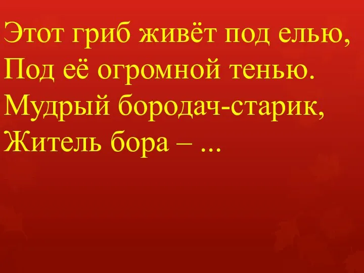 Этот гриб живёт под елью, Под её огромной тенью. Мудрый бородач-старик, Житель бора – ...