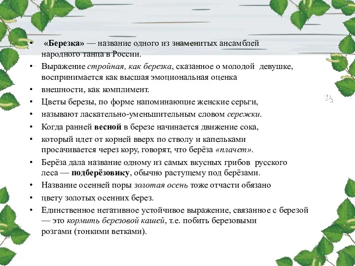 «Березка» — название одного из знаменитых ансамблей народного танца в России. Выражение стройная,