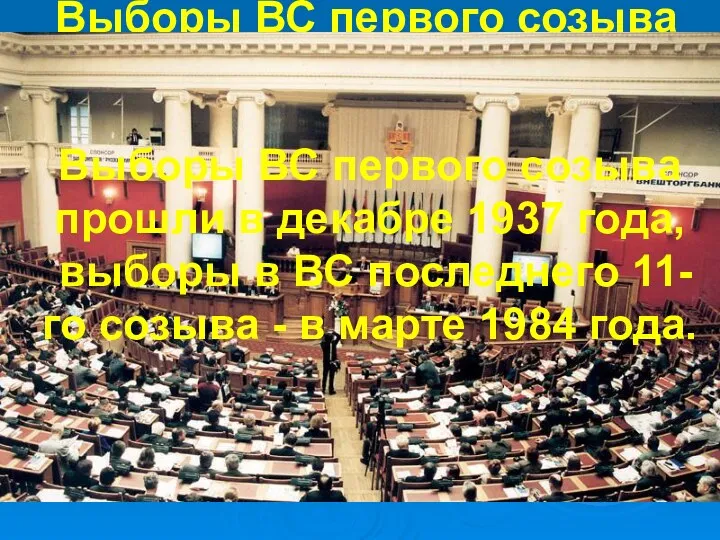 Выборы ВС первого созыва прошли в декабре 1937 года, выборы