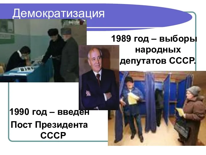 Демократизация 1989 год – выборы народных депутатов СССР. 1990 год – введен Пост Президента СССР