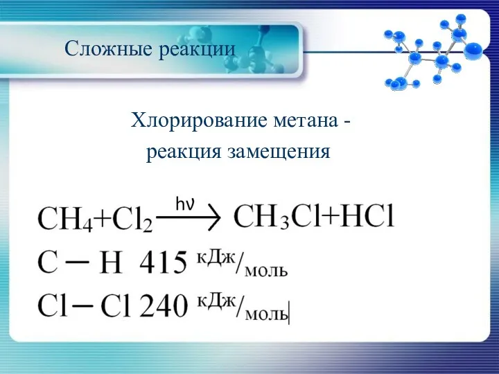 Сложные реакции Хлорирование метана - реакция замещения