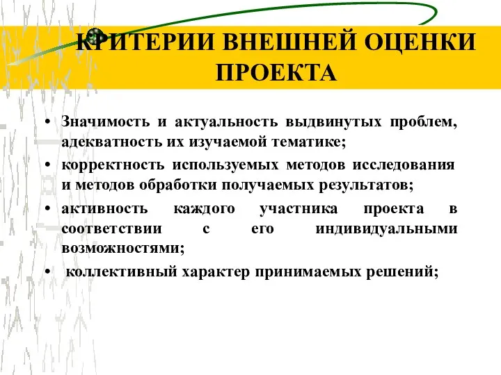 КРИТЕРИИ ВНЕШНЕЙ ОЦЕНКИ ПРОЕКТА Значимость и актуальность выдвинутых проблем, адекватность