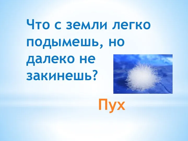 Пух Что с земли легко подымешь, но далеко не закинешь?