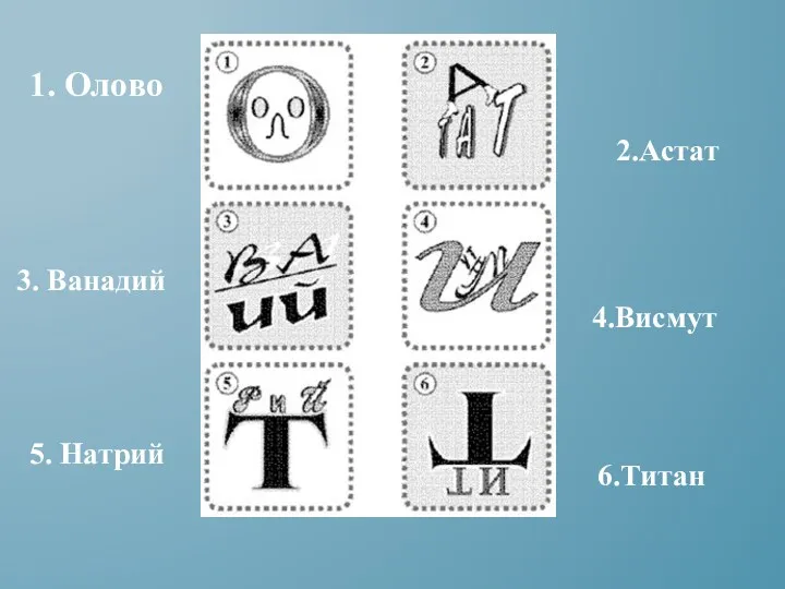 1. Олово 3. Ванадий 5. Натрий 2.Астат 4.Висмут 6.Титан