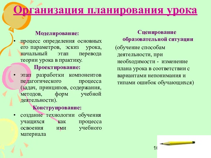 Организация планирования урока Моделирование: процесс определения основных его параметров, эскиз