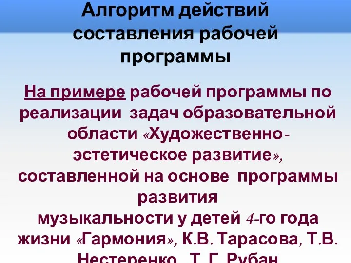 Алгоритм действий составления рабочей программы На примере рабочей программы по