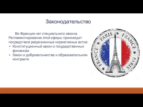 Законодательство Во Франции нет специального закона. Регламентирование этой сферы происходит посредством разрозненных нормативных