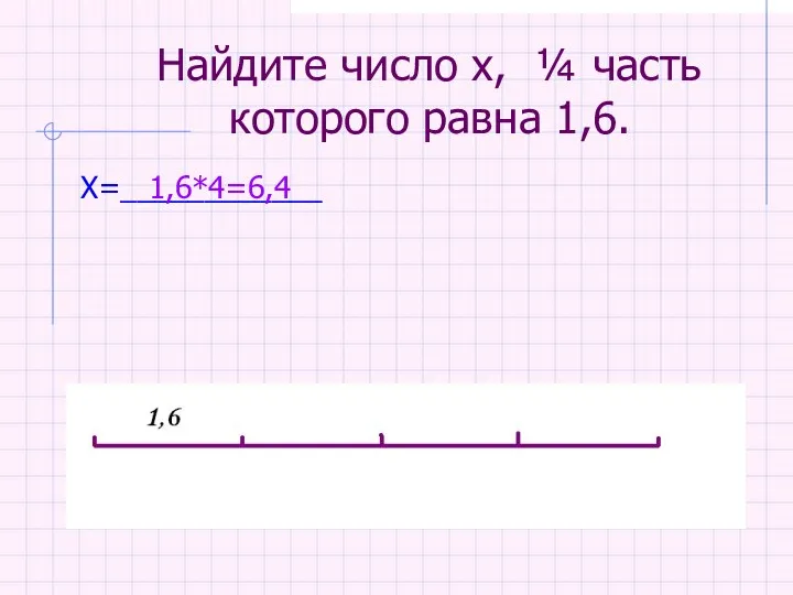 Найдите число х, ¼ часть которого равна 1,6. Х=____________ 1,6*4=6,4