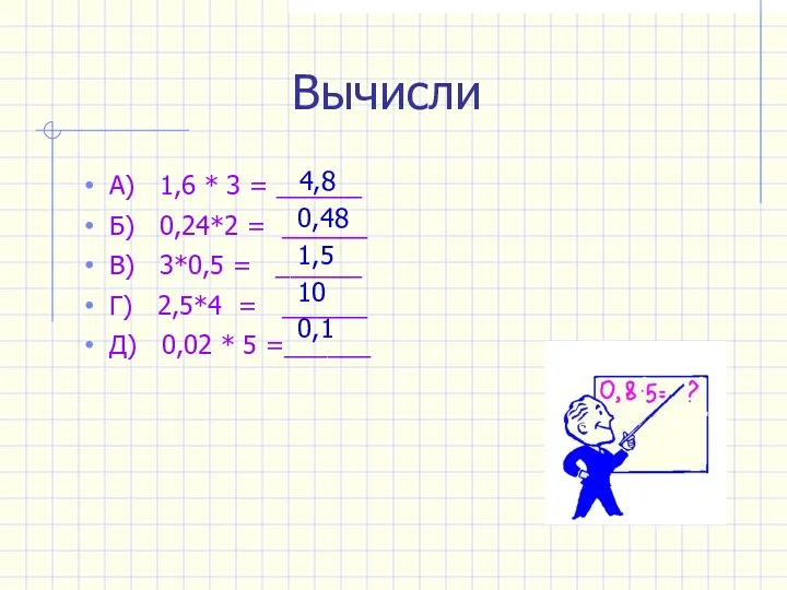 Вычисли А) 1,6 * 3 = ______ Б) 0,24*2 = ______ В) 3*0,5