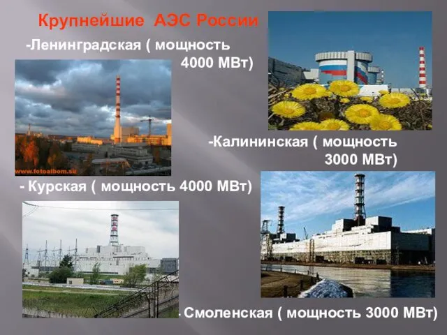 Крупнейшие АЭС России Ленинградская ( мощность 4000 МВт) Калининская (