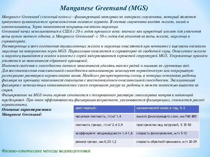 Manganese Greensand (MGS) Manganese Greensand («зеленый песок») - фильтрующий материал из минерала глауконита,
