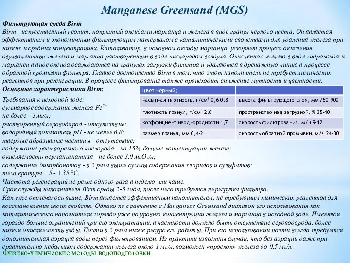 Manganese Greensand (MGS) Фильтрующая среда Birm Birm - искусственный цеолит, покрытый оксидами марганца