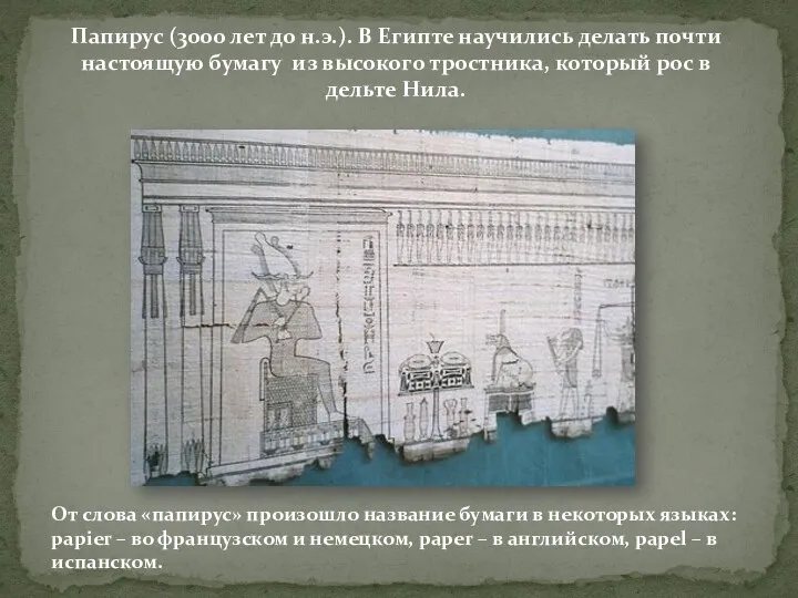 Папирус (3000 лет до н.э.). В Египте научились делать почти настоящую бумагу из