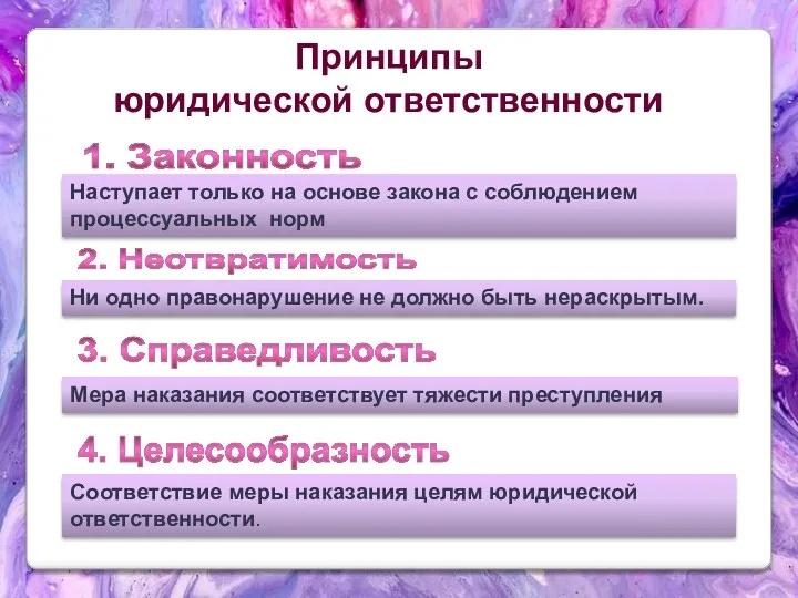 Принципы юридической ответственности 1. Законность Наступает только на основе закона с соблюдением процессуальных