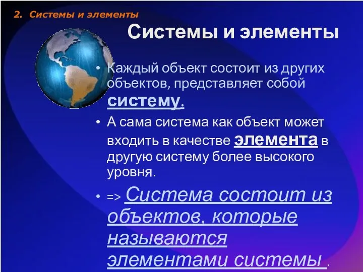 Системы и элементы Каждый объект состоит из других объектов, представляет