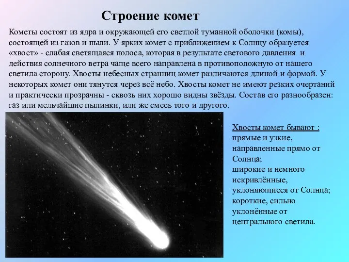 Строение комет Кометы состоят из ядра и окружающей его светлой туманной оболочки (комы),
