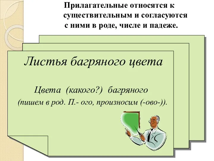 Прилагательные относятся к существительным и согласуются с ними в роде,