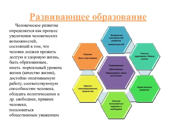 Развивающее образование Человеческое развитие определяется как процесс увеличения человеческих возможностей,