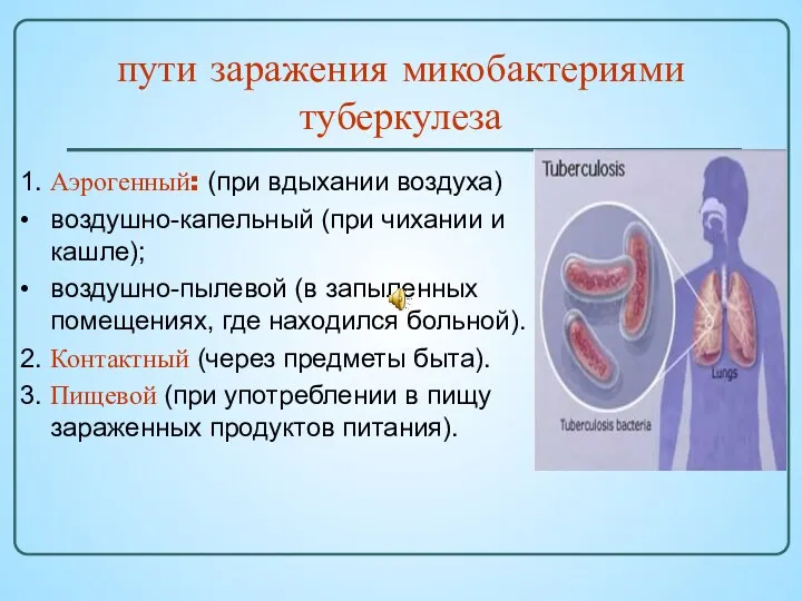 1. Аэрогенный: (при вдыхании воздуха) • воздушно-капельный (при чихании и