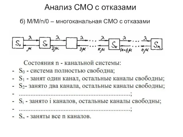 Анализ СМО с отказами б) M/M/n/0 – многоканальная СМО с отказами