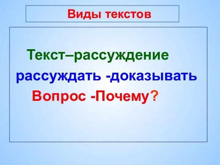 Виды текстов Текст–рассуждение рассуждать -доказывать Вопрос -Почему?