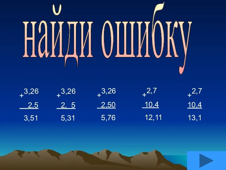 найди ошибку +3,26 2,5 3,51 +3,26 2, 5 5,31 +3,26