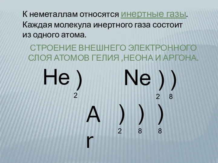 Строение внешнего электронного слоя атомов гелия ,неона и аргона. He ) 2 Ne