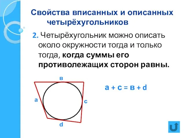 Свойства вписанных и описанных четырёхугольников 2. Четырёхугольник можно описать около