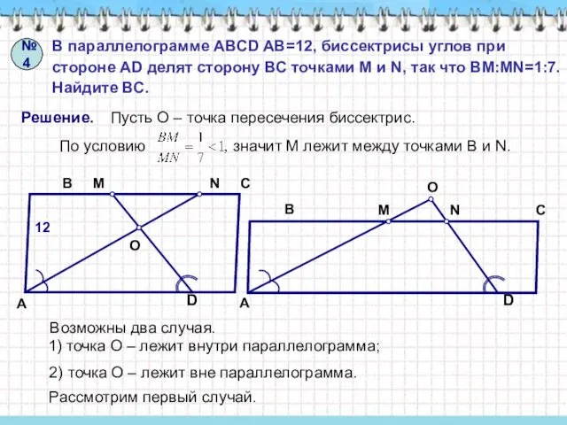 №4 В параллелограмме ABCD AB=12, биссектрисы углов при стороне AD