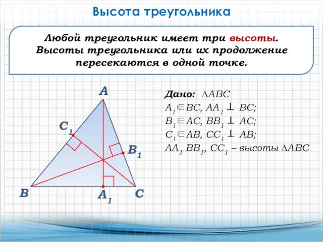 В А С Любой треугольник имеет три высоты. Высоты треугольника